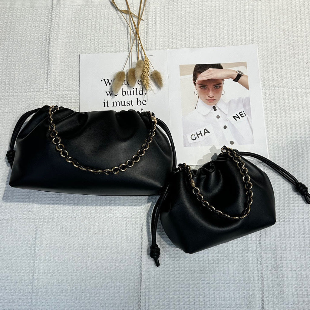 新品褶皱牛皮云朵包新中式抽绳福袋包时尚链条腋下包单肩斜挎小包