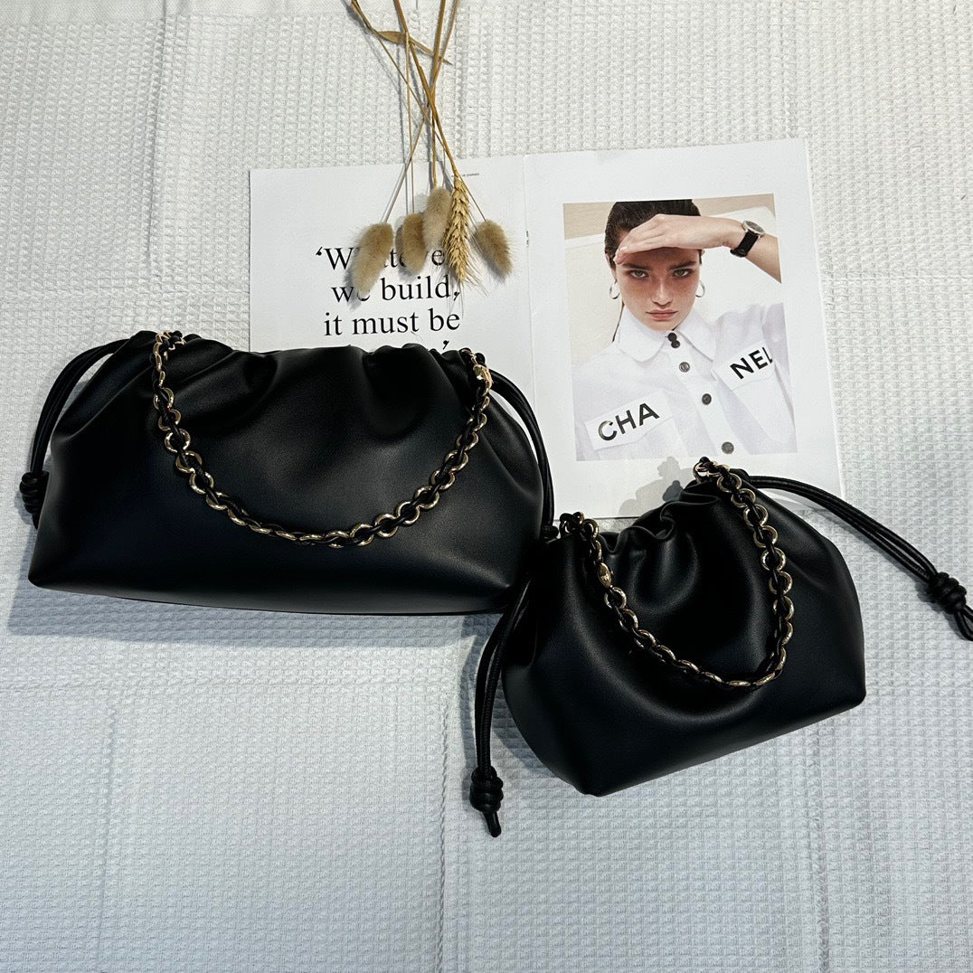 新品褶皱牛皮云朵包新中式抽绳福袋包时尚链条腋下包单肩斜挎小包