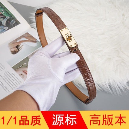 鳄鱼纹H家kelly免打孔皮带女真皮百搭装饰凯莉细腰带配大衣西装