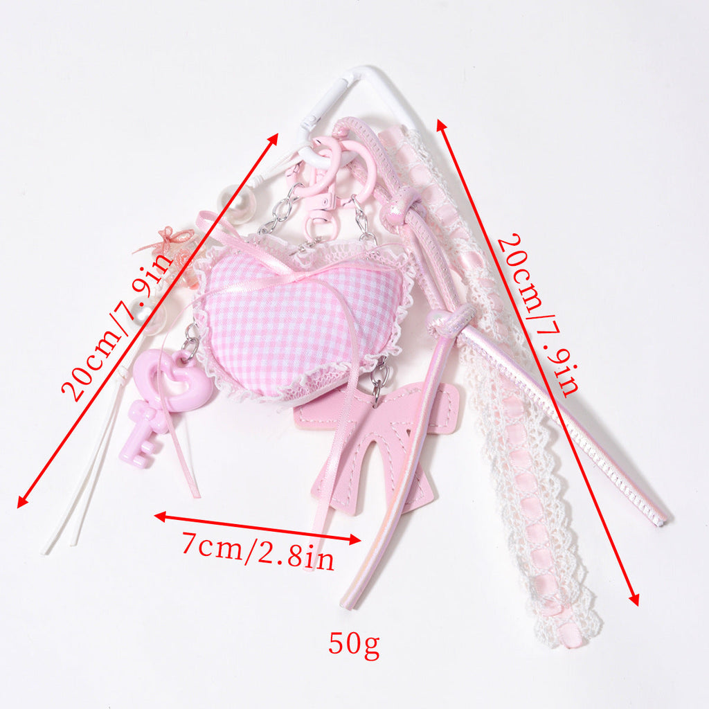 粉色甜美花边爱心PU皮革蝴蝶结串珠包挂钥匙链钥匙扣包包挂件现货