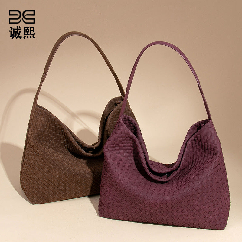 欧美复古麂皮绒单肩腋下包大容量斜跨编织女包质感手提子母托特包