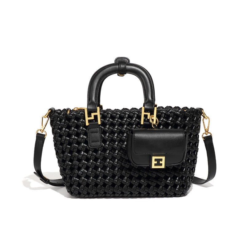 秋冬新款拼色手工编织包复古时尚单肩斜跨包休闲百搭三合一手提包