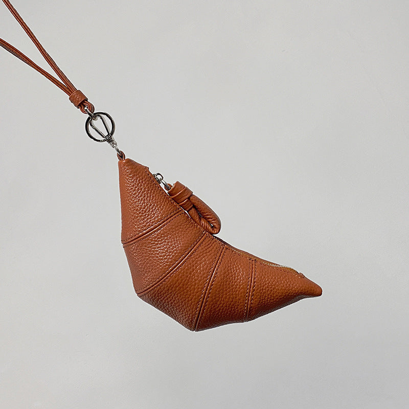 LE迷你挂脖牛角包钥匙零钱包头层牛皮可颂包单肩斜挎挂腰饺子包