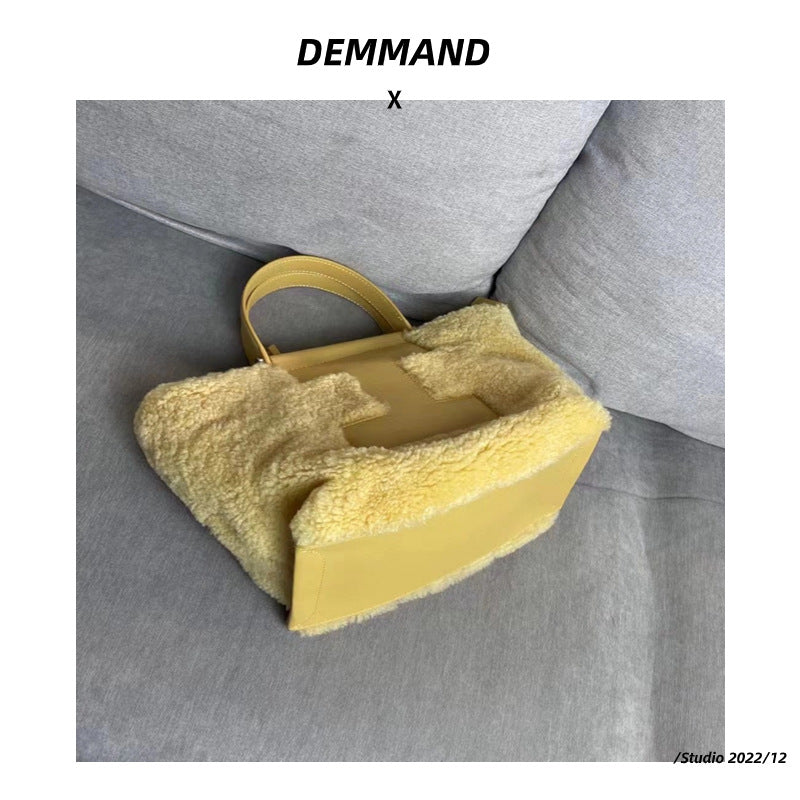 包包女2023秋冬新品网红撞色复古牛皮羊毛大容量托特包单肩斜挎包