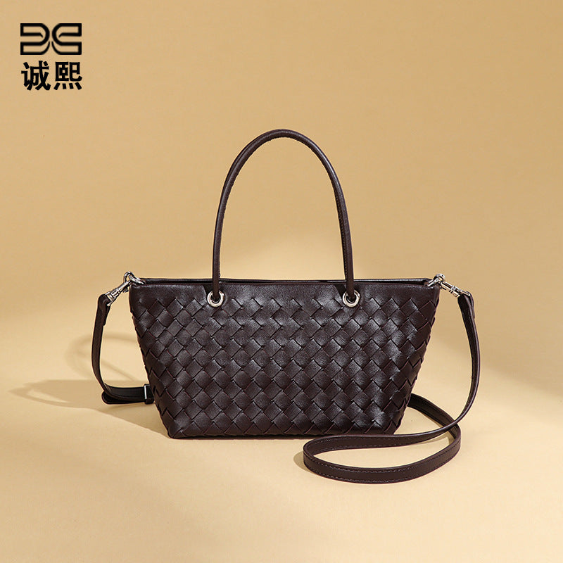 跨境欧美时尚女包手工编织批发简约高级大容量手提单肩斜挎托特包