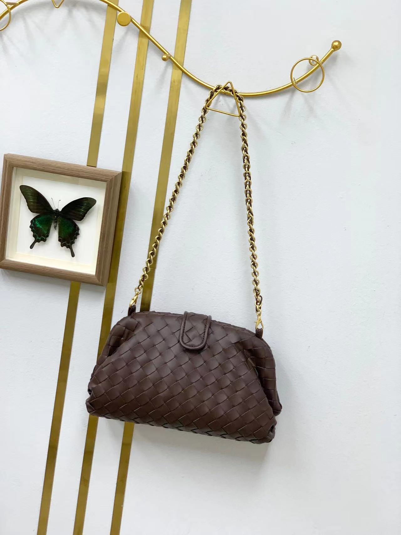 新款链条编织云朵包牛皮单肩腋下手拿包夹子包真皮女包潮流时尚单