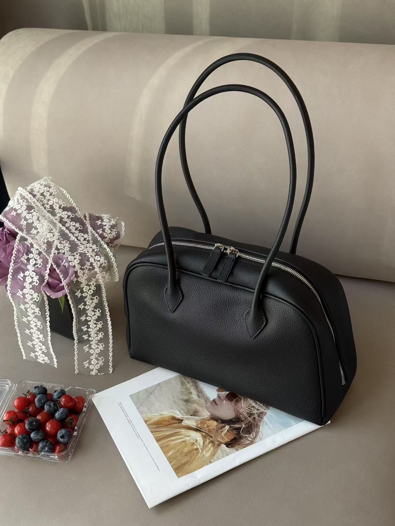 2025新款韩版小众设计头层牛皮波士顿通勤包单肩包斜挎包