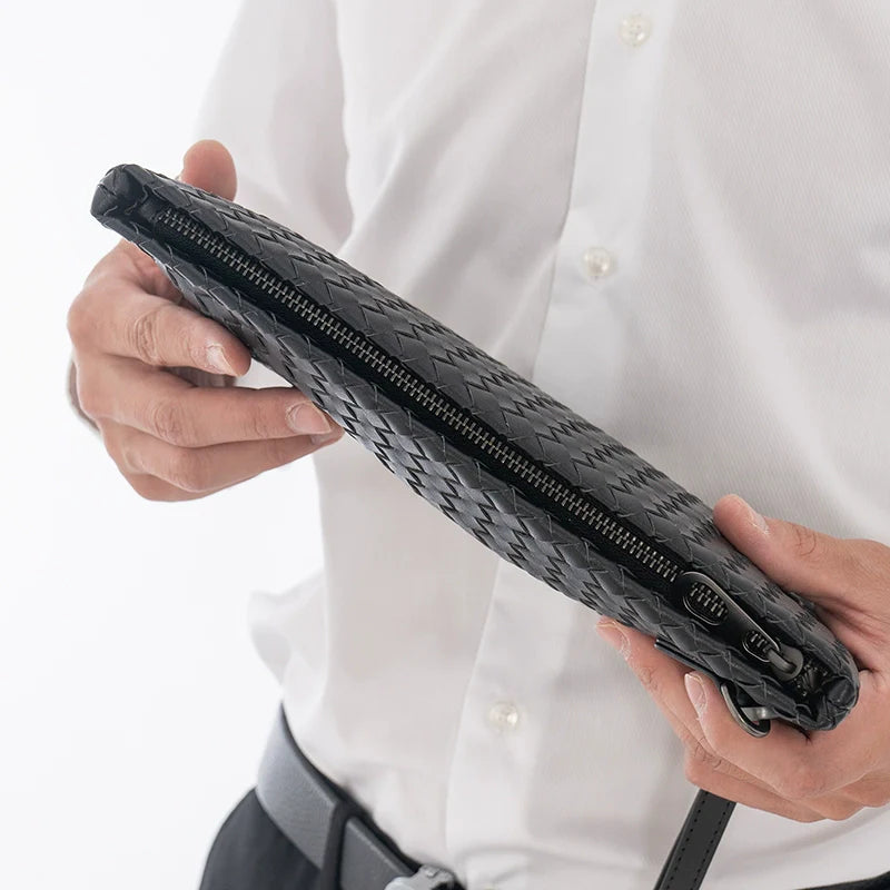 X&BV手包男真皮男士手拿包大容量商务休闲编织手抓包夹包信封包男