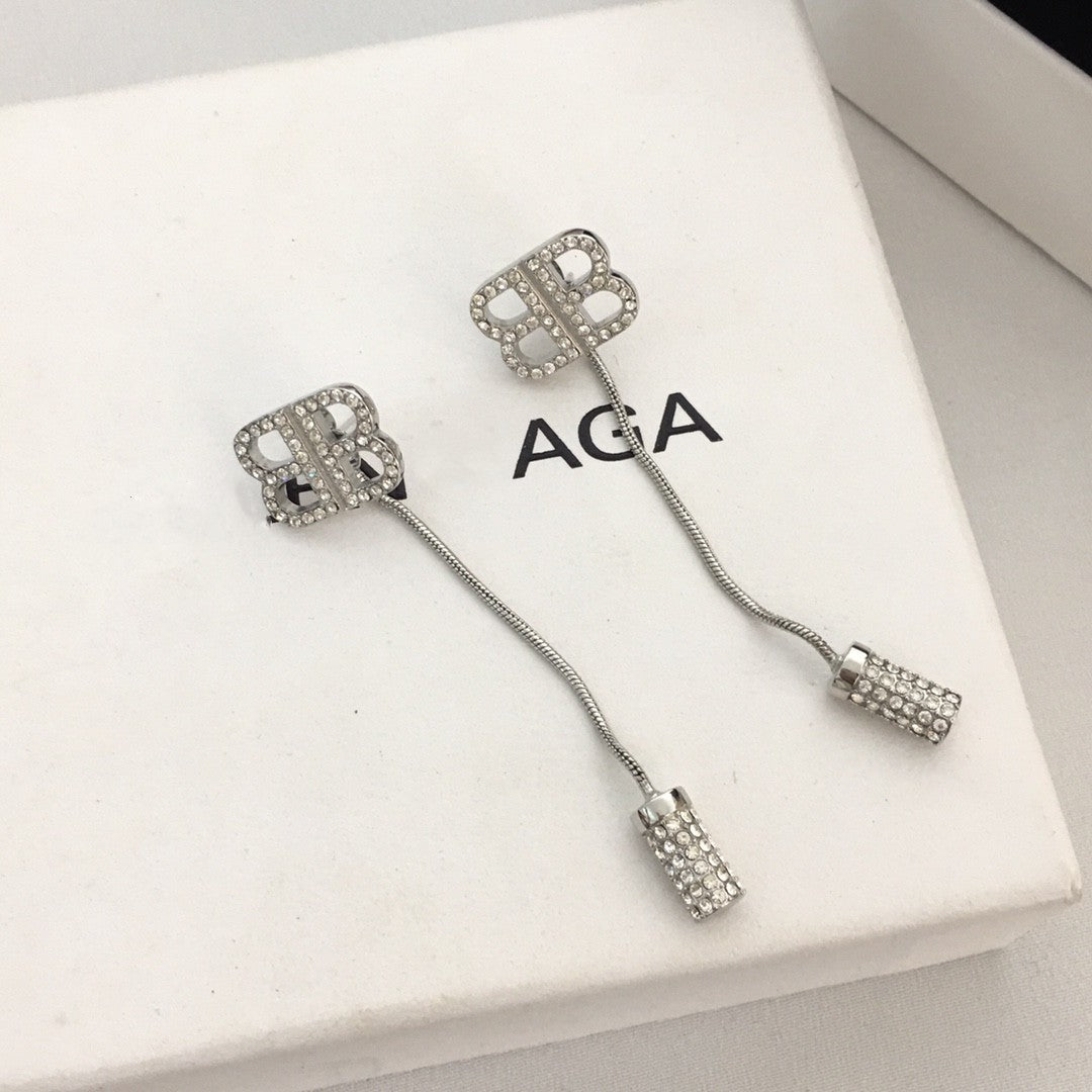 B家21新款双B满钻耳线女高级感气质INS风水钻耳钉超闪长款耳环