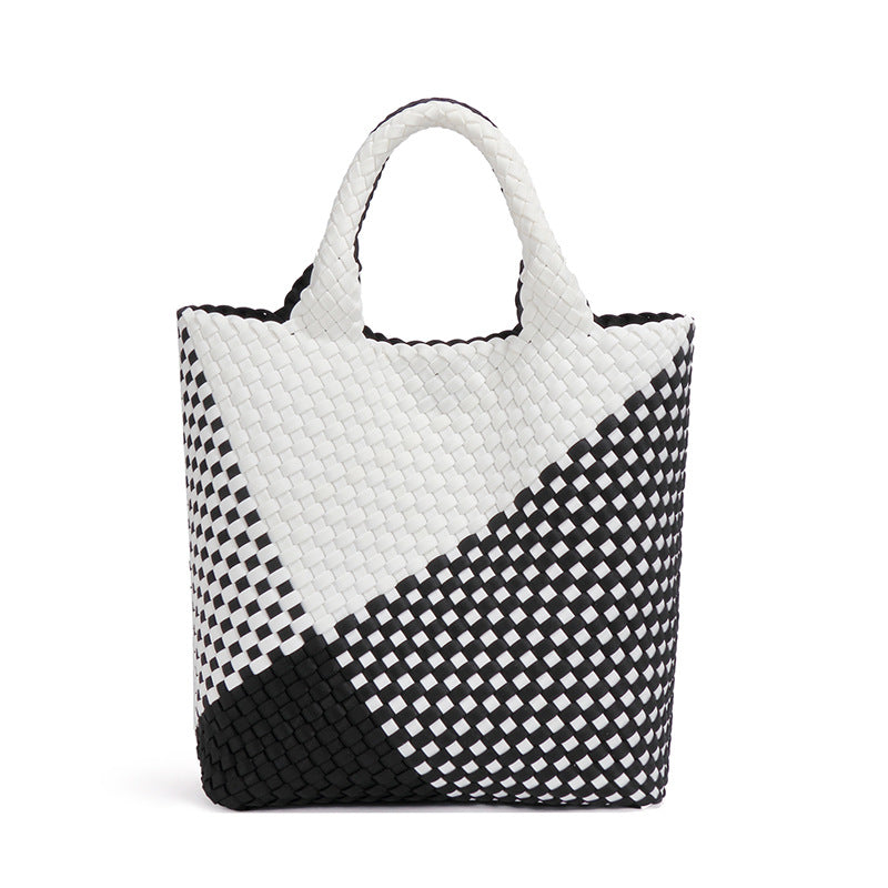 跨境新款手提编织女包工厂定制贴标拼色托特包个性潮流手拎子母包