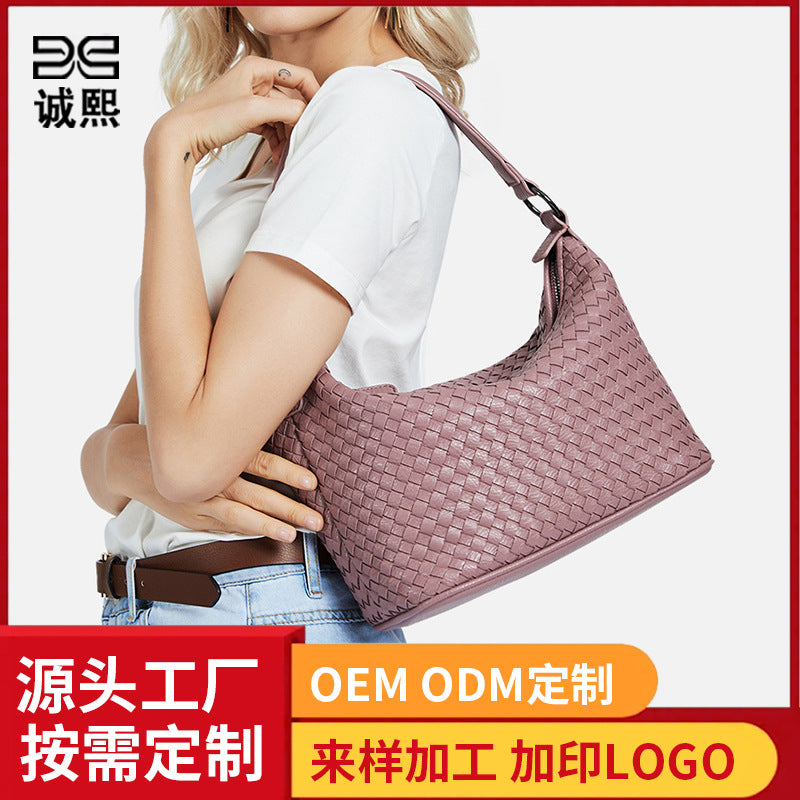 外贸手工编织斜挎包定制质感软皮女包休闲单肩腋下包大容量潮包包