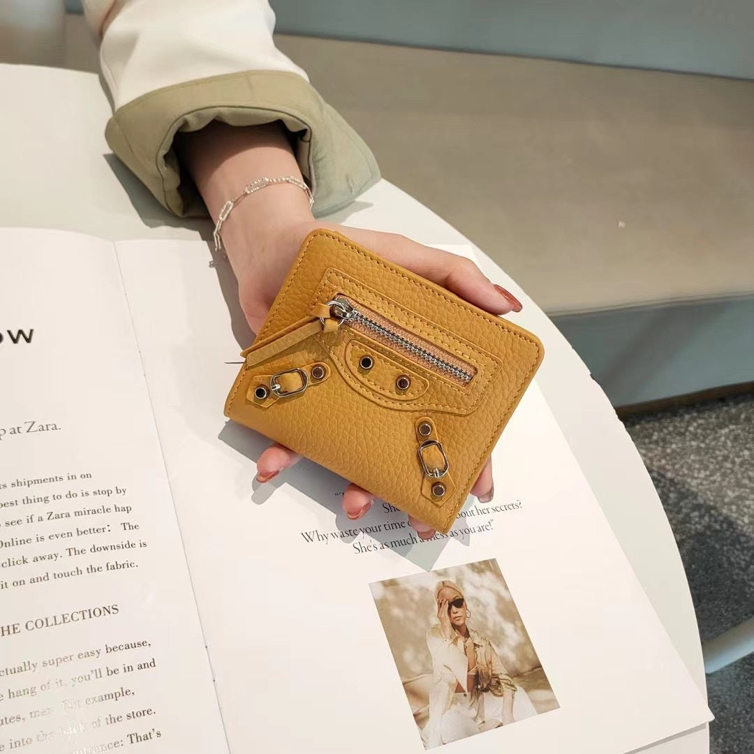 头层牛皮机车三折钱包女士小众风韩版短款钱夹大容量零钱一体卡包