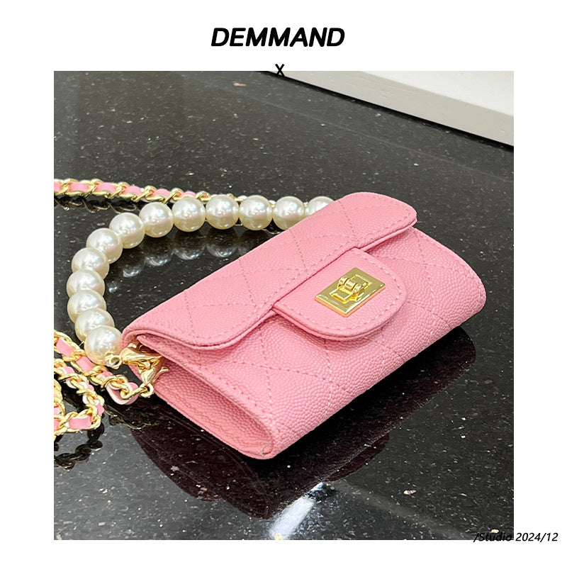 经典百搭港风口红包真皮鱼子酱菱格链条包高级小方包珍珠零钱包包