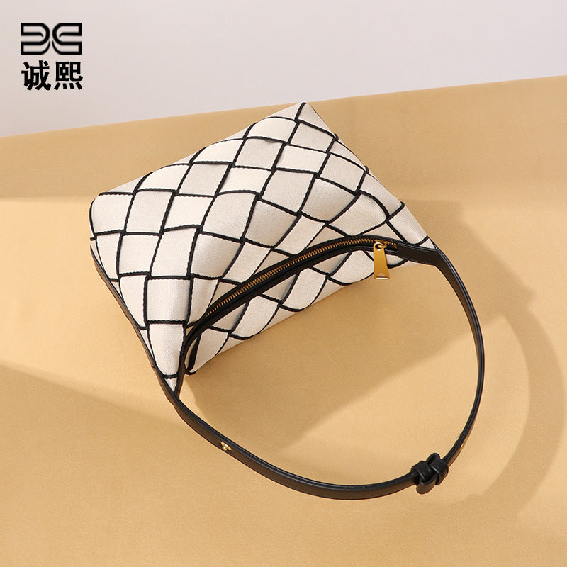 时尚新款撞色编织女包简约手拎饭盒包小众风单肩包休闲百搭腋下包