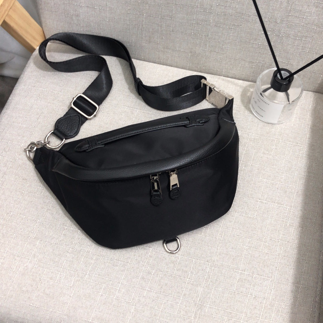 头层牛皮配牛津布胸包女ins潮休闲斜挎包百搭时尚腰包蹦迪包 代发