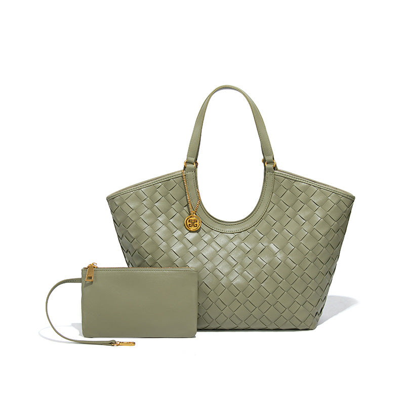 简约大容量通勤菜篮子手拎女包手工编织包休闲百搭纯色子母托特包