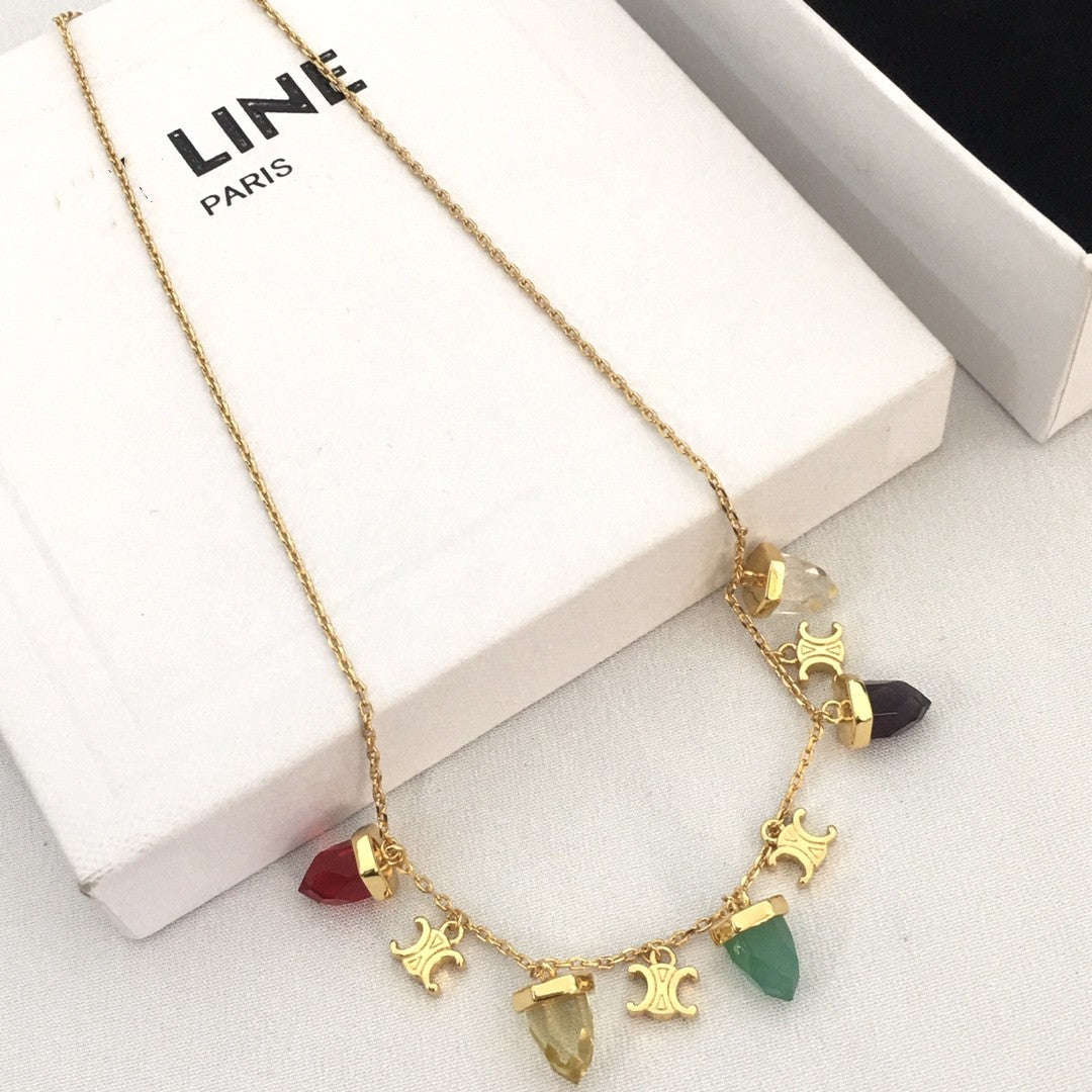 赛家新款彩色凯旋门琉璃项链女高级感个性气质黄铜镀金锁骨链