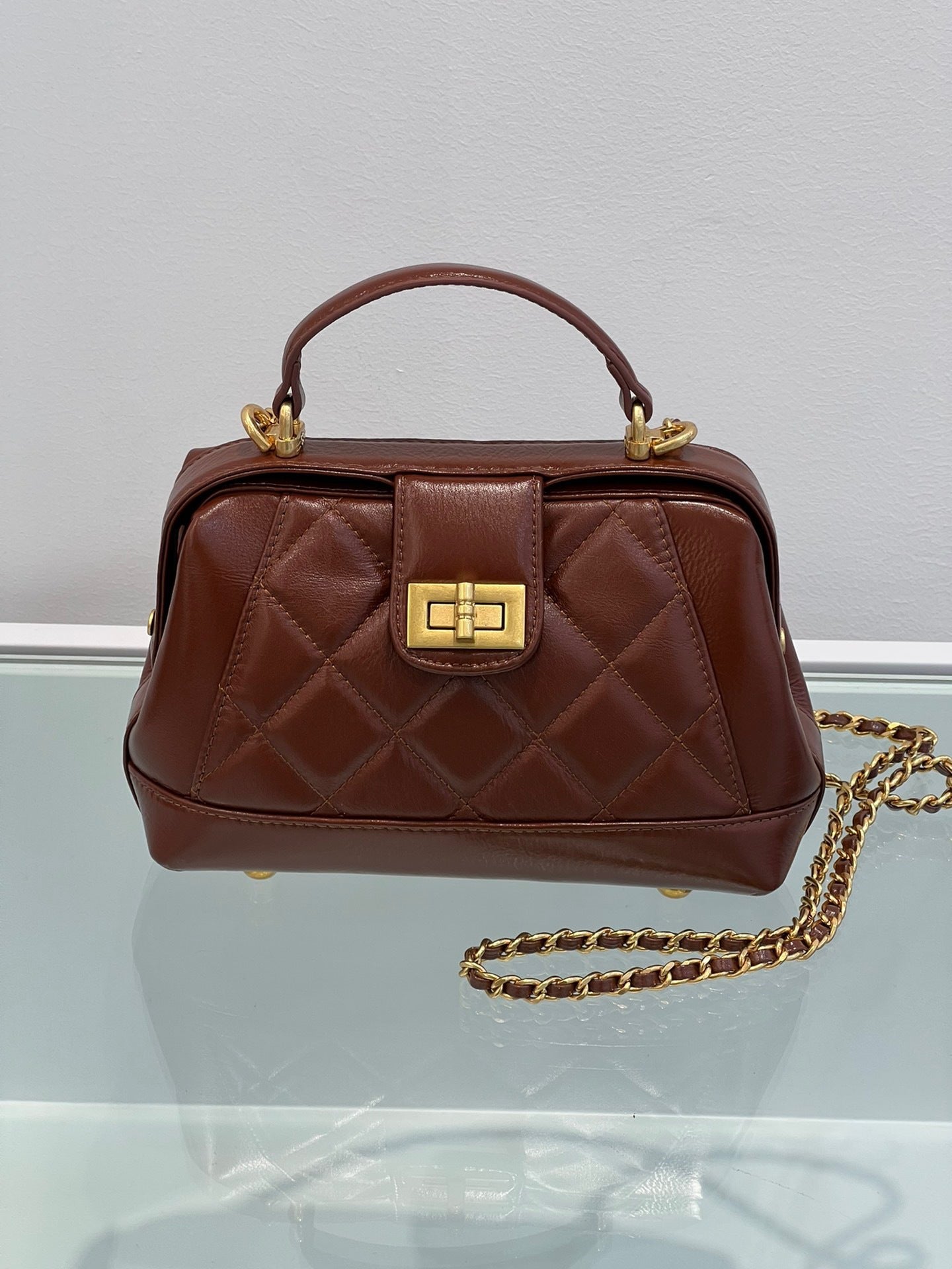 小香风菱格链条包油蜡头层牛皮复古斜挎包小包通勤夹子医生手提包