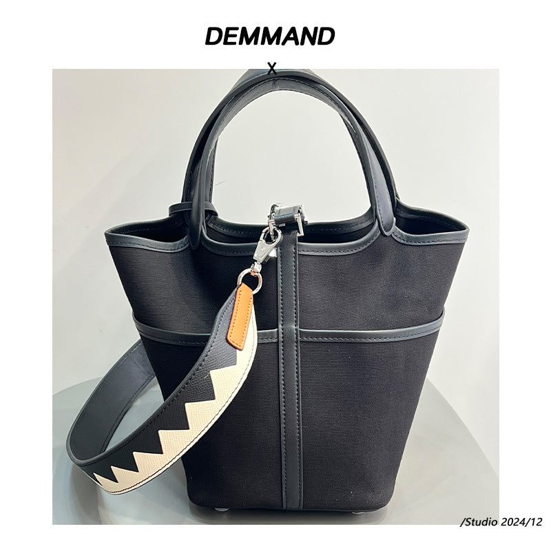 小众设计蜡线菜篮子帆布拼接平纹真牛皮口袋包手提手拎女包水桶包