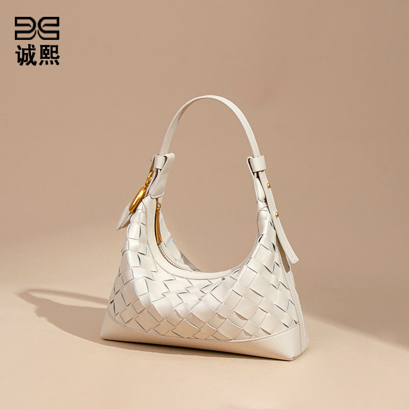 2025新款泡芙手工编织包包女大容量休闲手提饭盒包软皮单肩斜跨包
