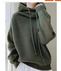 欧货新款100羊毛衫女连帽加厚慵懒风宽松显瘦打底长袖针织毛衣