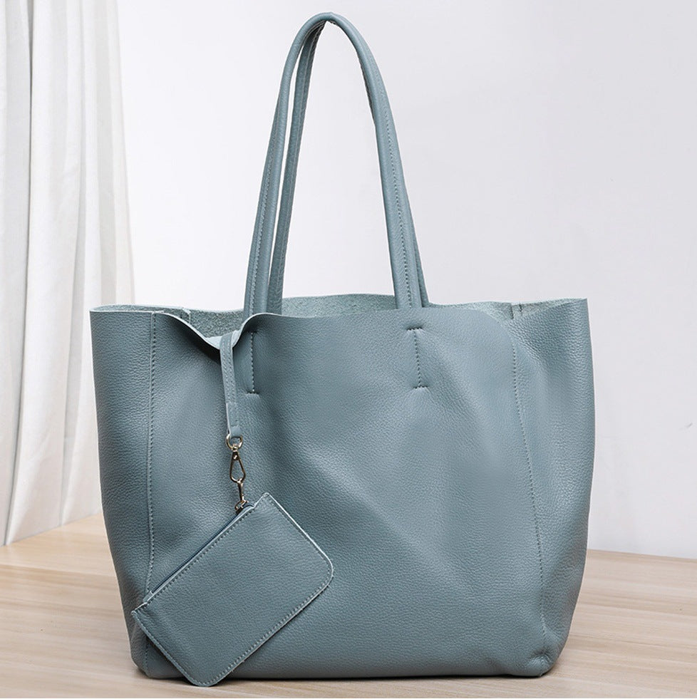 韩版大容量通勤包妈咪购物包牛皮简约真皮托特包单肩斜跨笔记本包