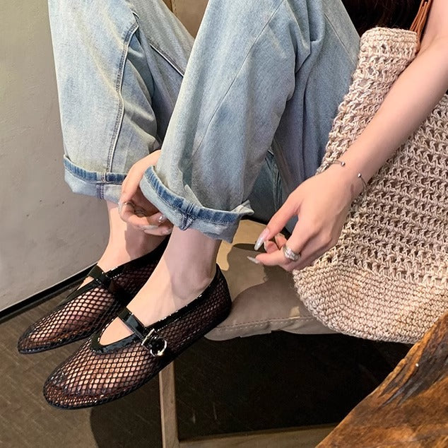 现货~真皮镂空网面凉鞋女夏季一字扣带圆头平底浅口玛丽珍单鞋
