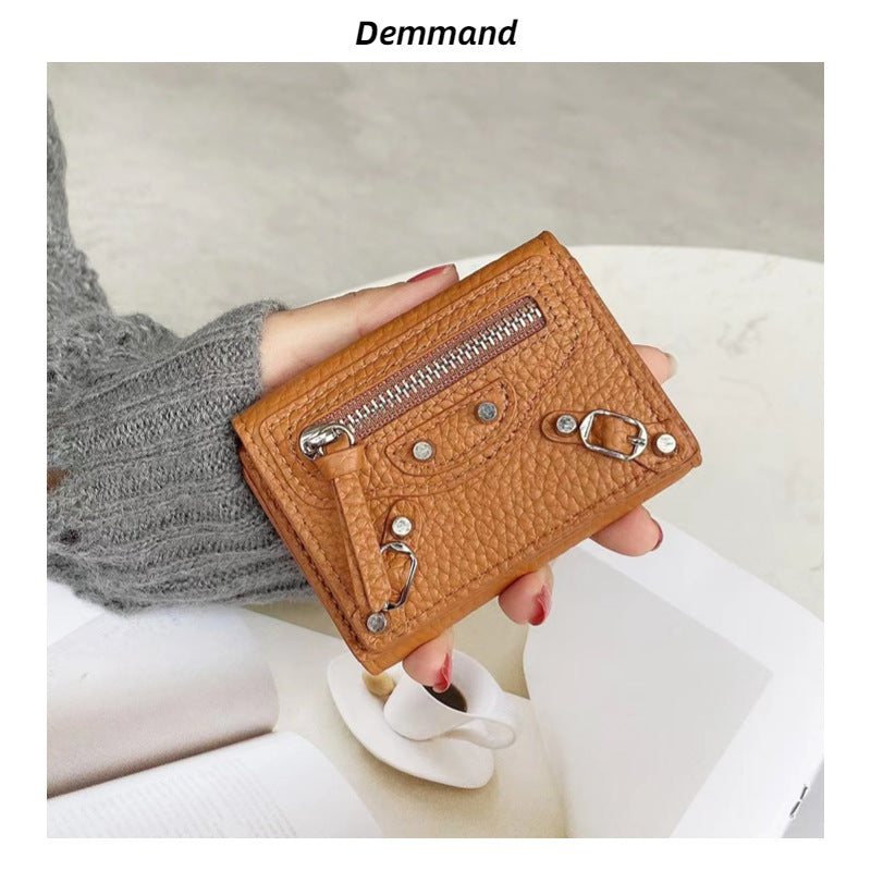 头层牛皮机车三折钱包女士小众风韩版短款钱夹大容量零钱一体卡包