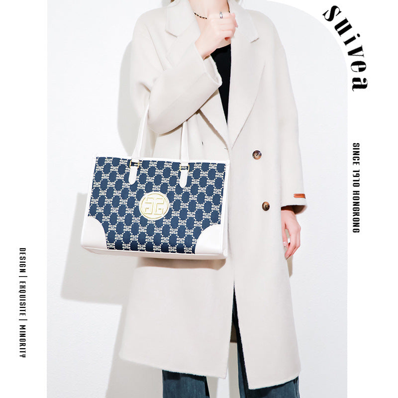 跨境通勤女士手提包棉麻刺绣大气托特包外贸简约休闲大容量妈咪包