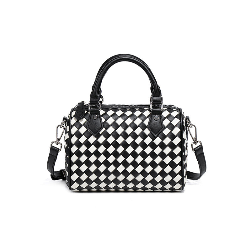 外贸新品棋盘格手提波士顿枕头包时尚手工编织女包休闲单肩斜跨包