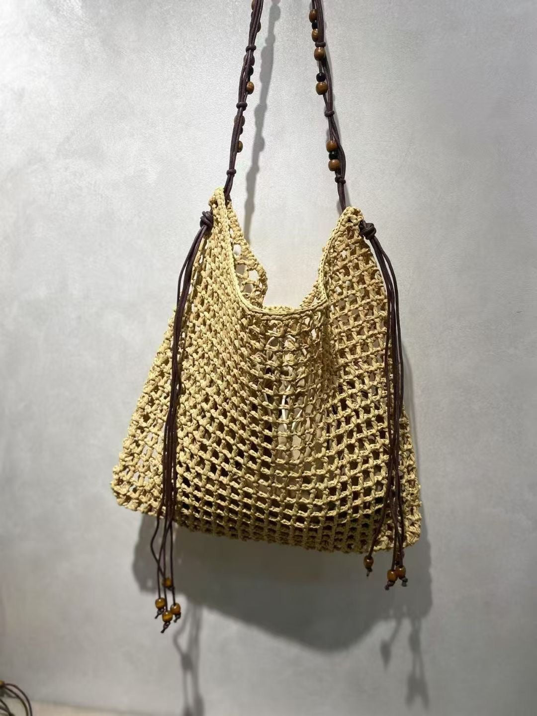 夏天沙滩包拉菲草编织包串珠复古腋下包大容量购物包单肩托特包女