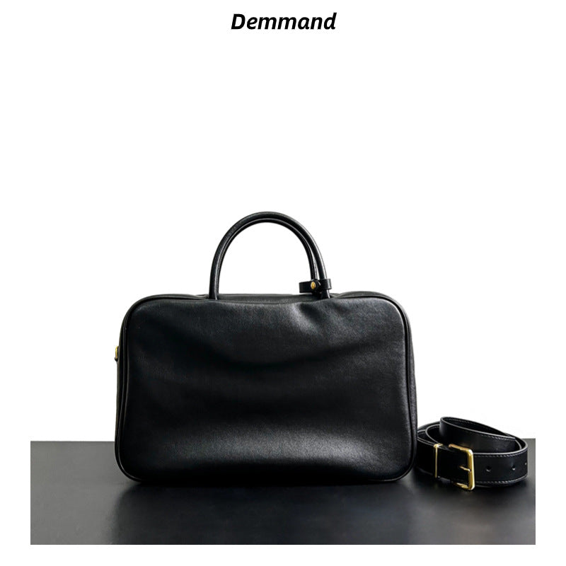 2023新款复古做旧公文包大容量通勤电脑包单肩斜挎真皮保龄球女包