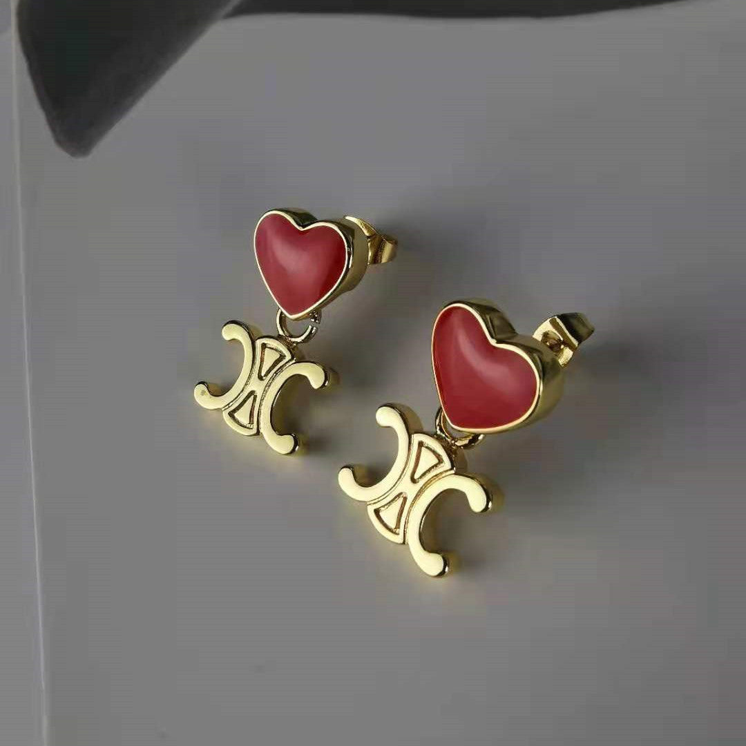 赛家新款红色心形爱心凯旋门耳钉耳环造型时尚百搭减龄时髦精耳饰