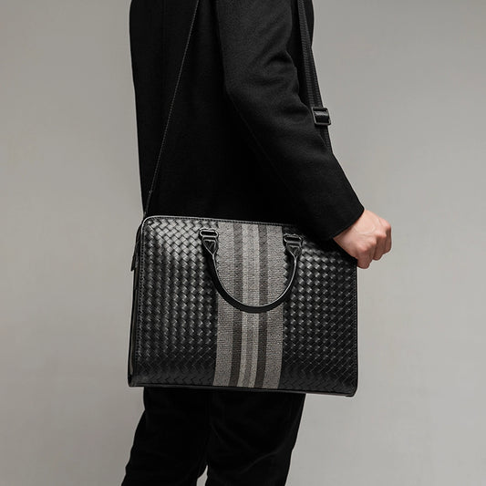 X&BV男士公文包商务手提包真皮编织男包单肩斜挎包牛皮电脑手拎包