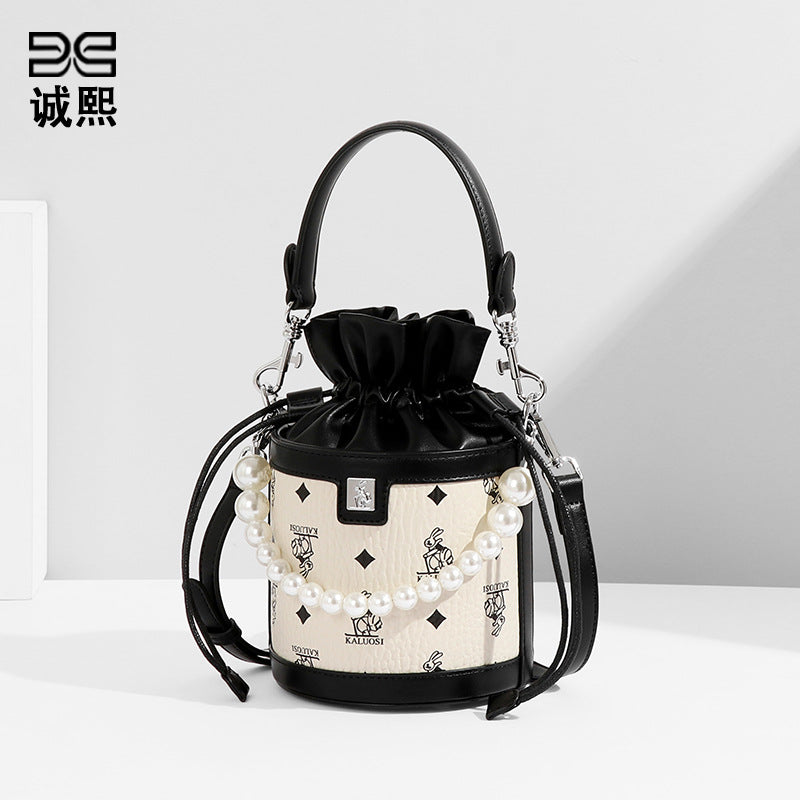 时尚印花新款兔子发财水桶包潮流珍珠手提圆筒包潮流单肩斜挎女包