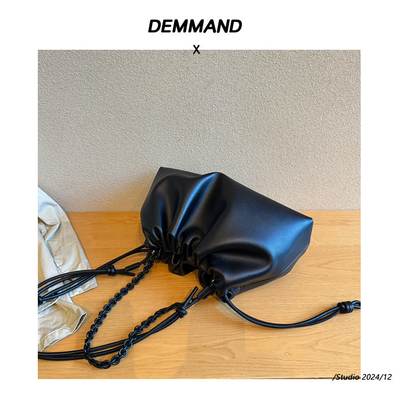 真皮云朵包2024新款时尚单肩包链条牛皮抽带包包斜挎包软皮手拿包