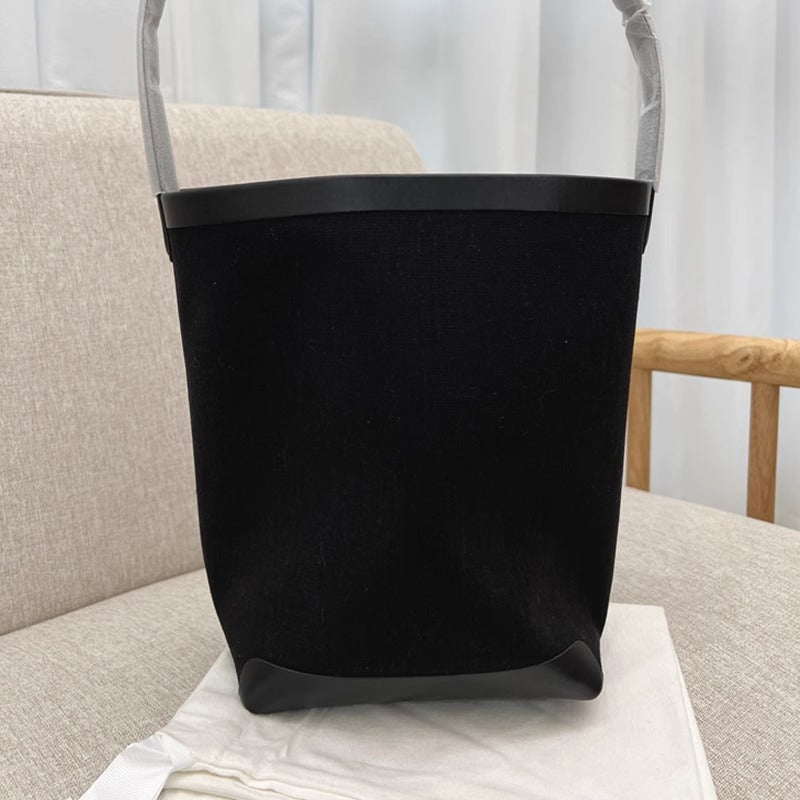 TR高定时尚休闲棉麻拼皮Tote水桶包简约大容量帆布包单肩托特包女