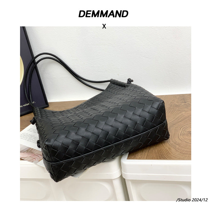 2024春夏季新款牛皮女包菜篮子编织大容量单肩斜挎手提包包编织女