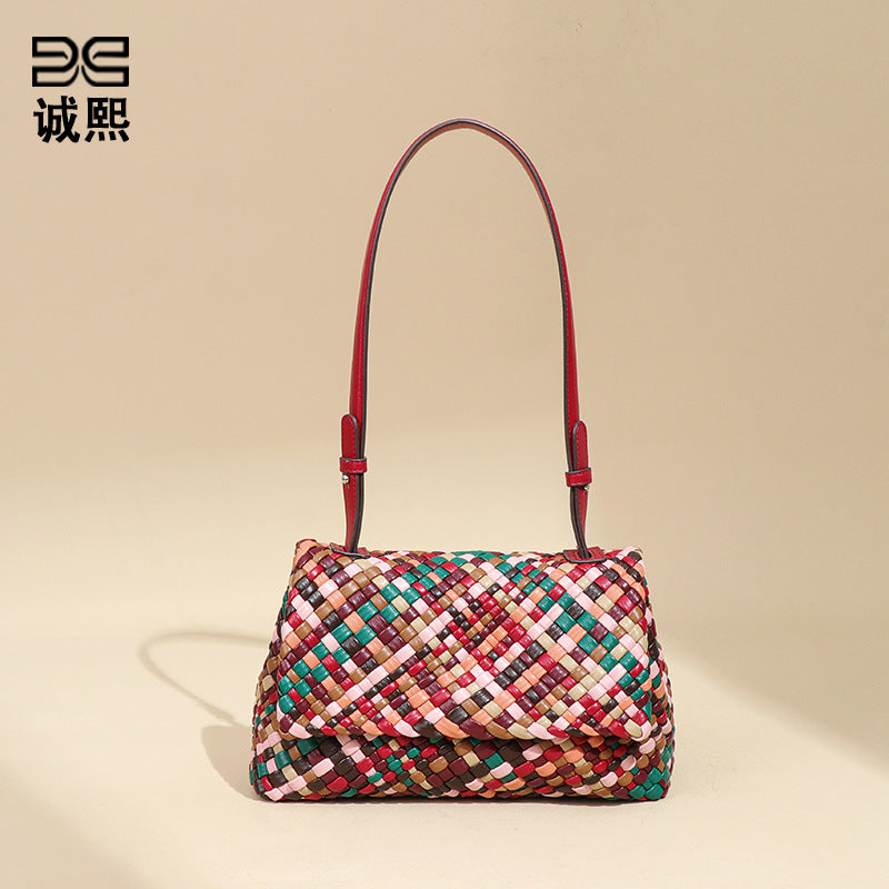 欧美新款彩色手工编织女包个性潮流单肩腋下包小众百搭子母斜跨包