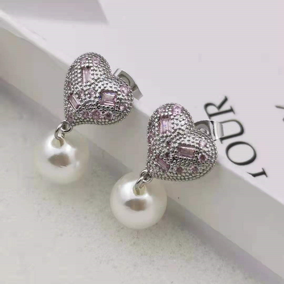 缪家21新款粉水晶心形珍珠耳环批发高级感气质几何形粉钻爱心耳钉