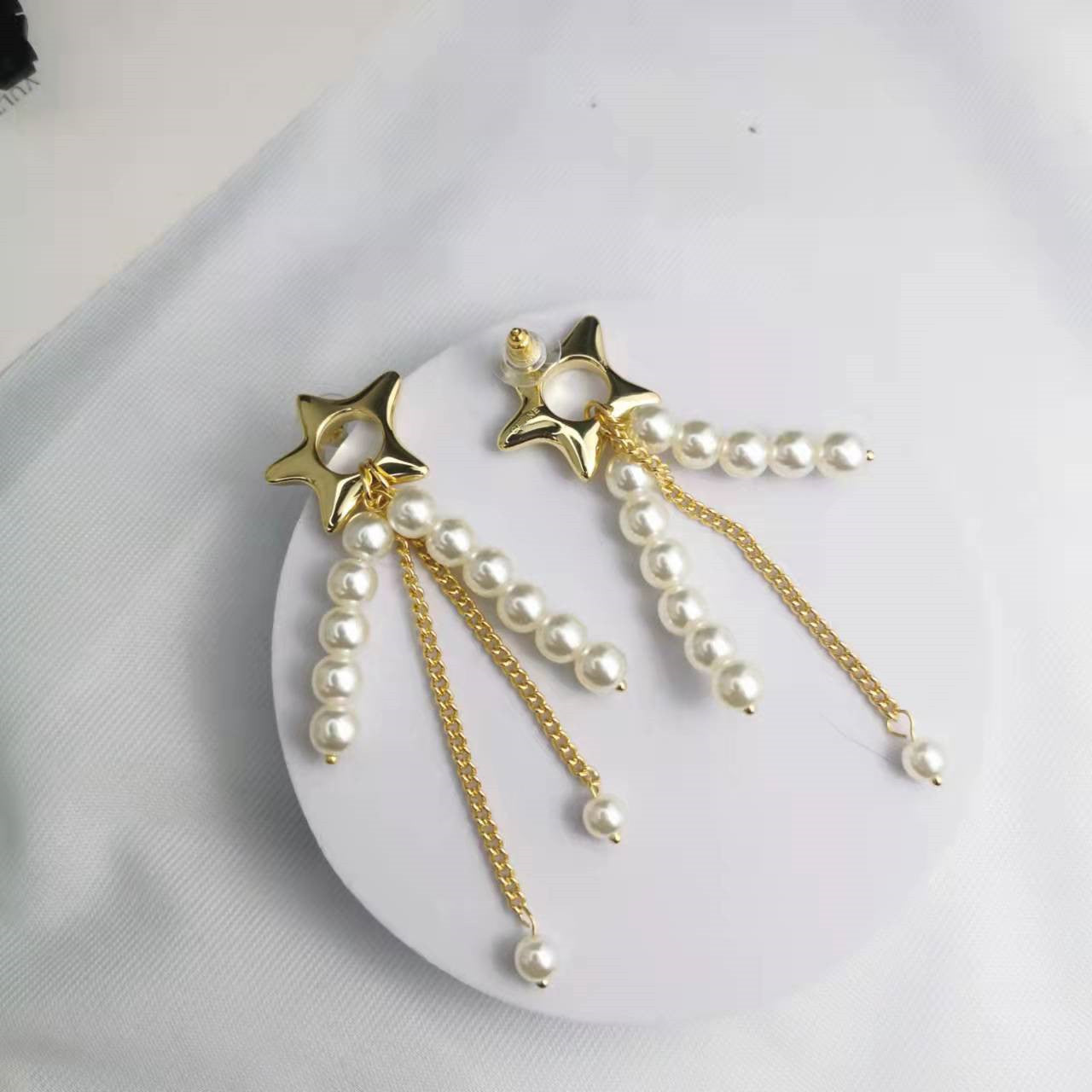 CELI21新款法式五角星珍珠流苏耳钉女高级感气质不对称耳环