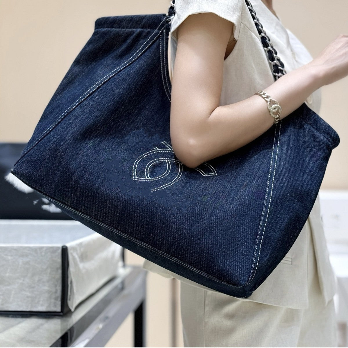 小香风牛仔布单肩包帆布大包包Vintage中古腋下包大容量托特包女