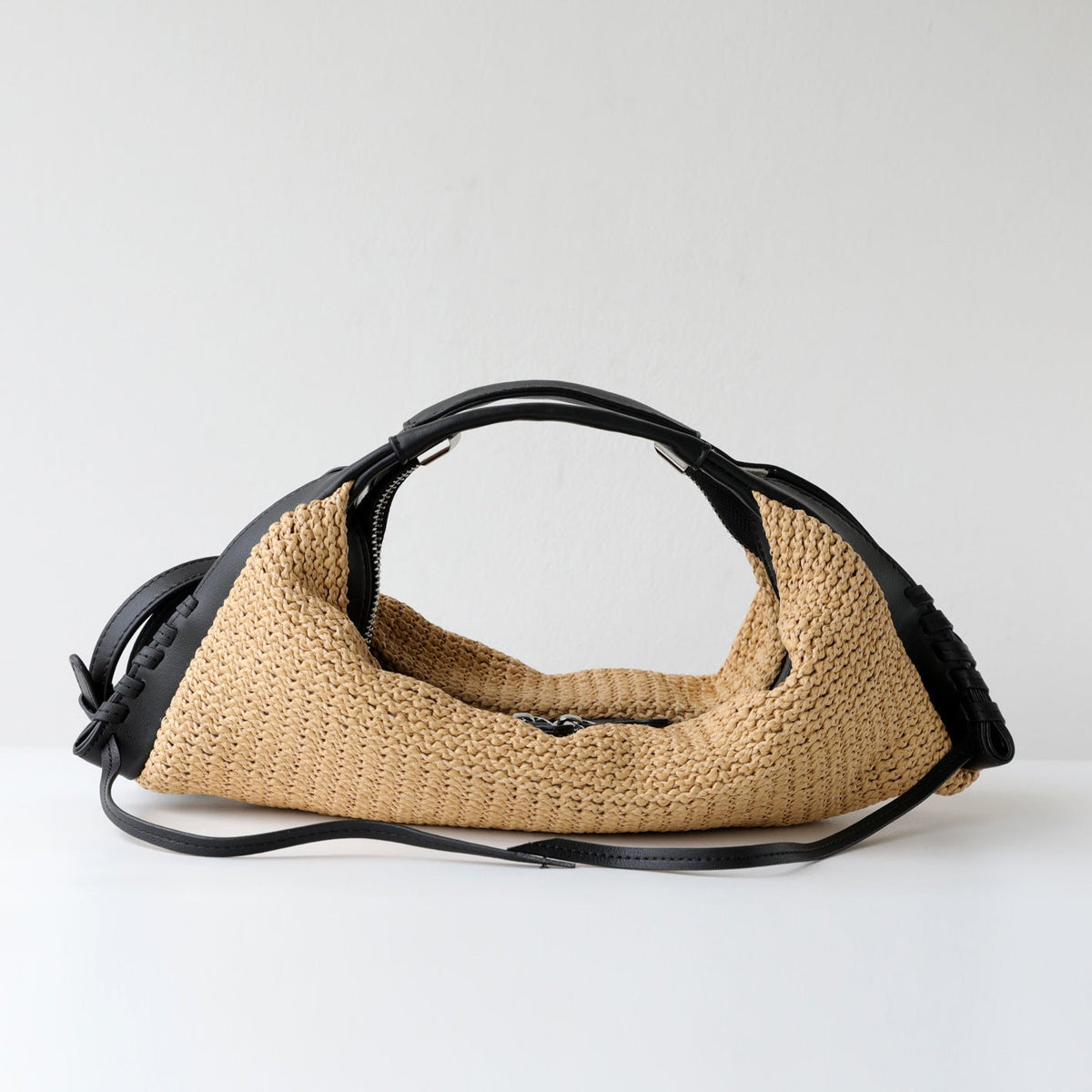 高级感头层牛皮拼接草编饺子包度假风手提沙滩包