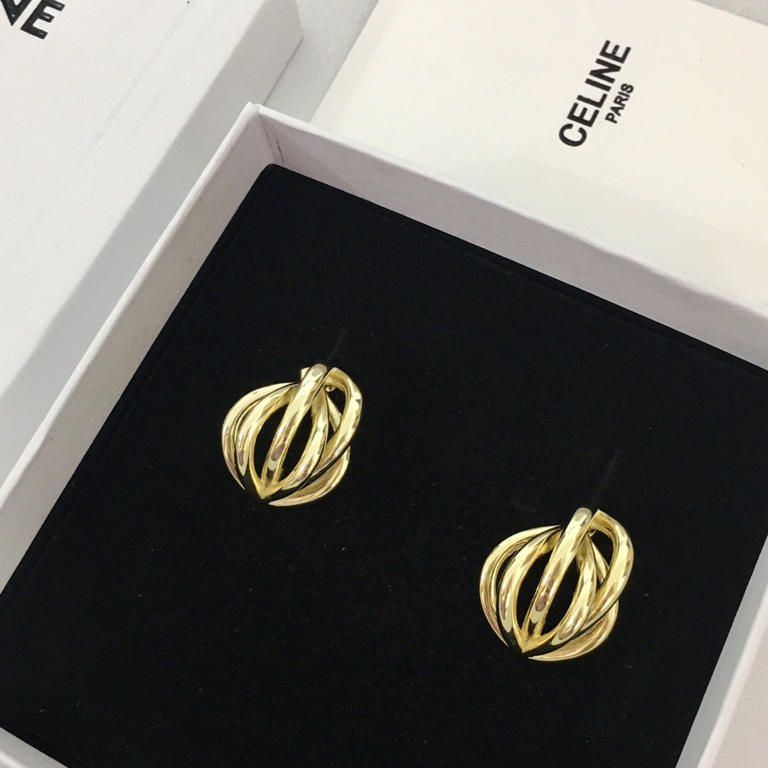 赛家新款法式高级感简约复古时髦交叉螺纹香蕉形个性耳环女耳钉