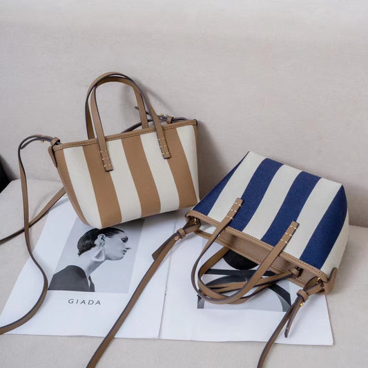 大牌包包女2024新款百搭大容量托特包条纹帆布通勤单肩手提购物袋