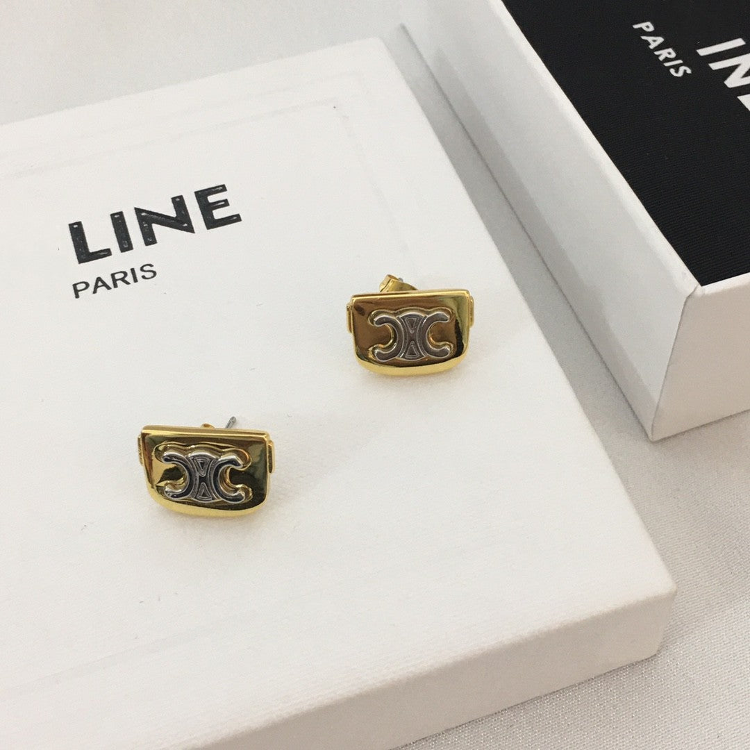 赛林家22新款方形凯旋门耳钉女高级感气质黄铜镀金拼色猪鼻耳环