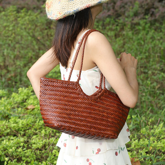 春夏手提女包牛皮单肩腋下托特包真皮小众编织包大容量菜篮子母包