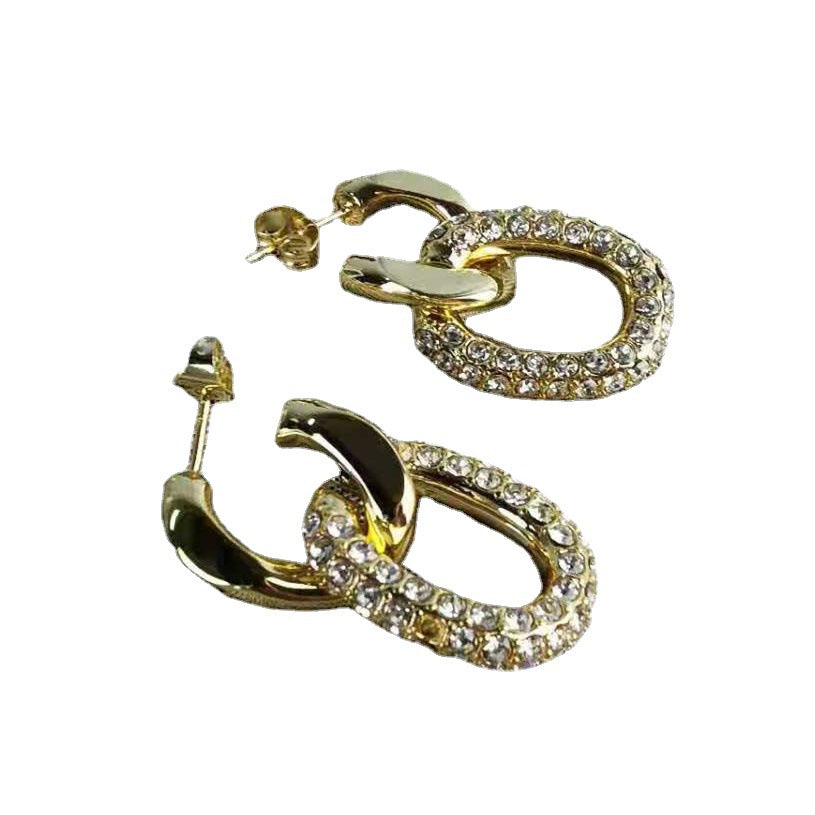 巴家新款双环闪钻耳钉复古高级感拼接个性洋气饰品可拆卸二戴耳环