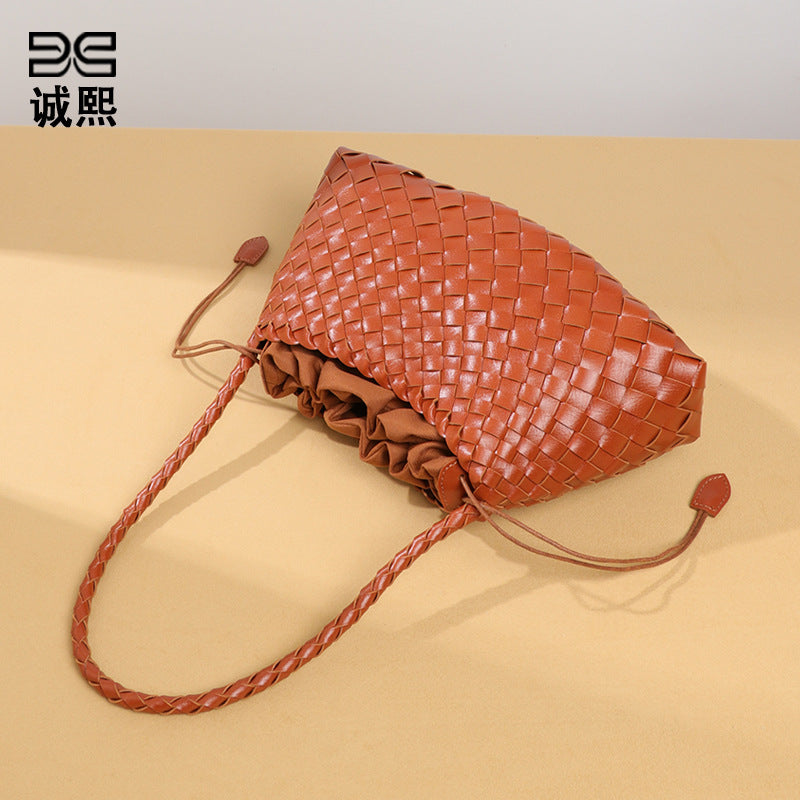 跨境热销纯色手工编织包包女高级感复古手提子母包时尚单肩腋下包