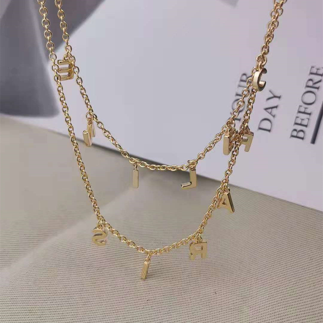 赛家新款celi字母双层项链女高级感时尚气质ins风字母流苏锁骨链